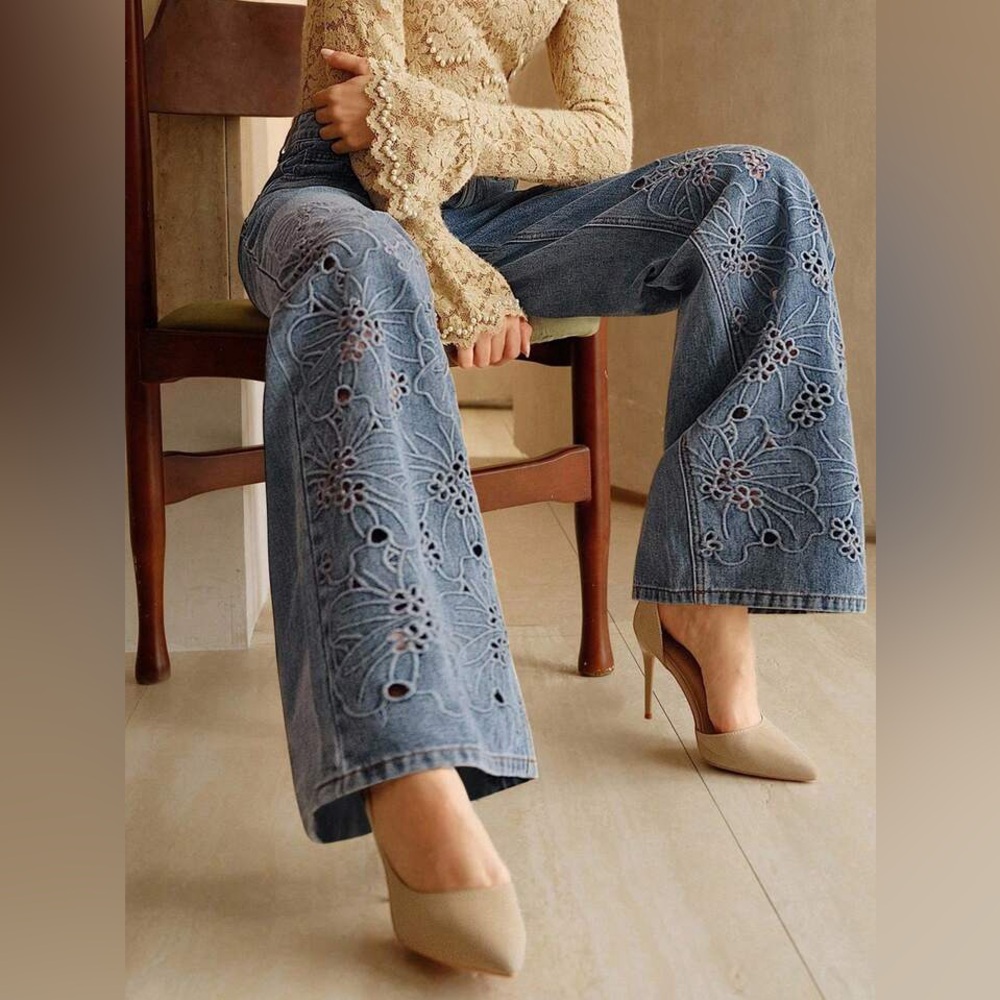 Anewsta Elaire Women's High Waist Embroidered Hollow Out Loose Wide Leg Jeans